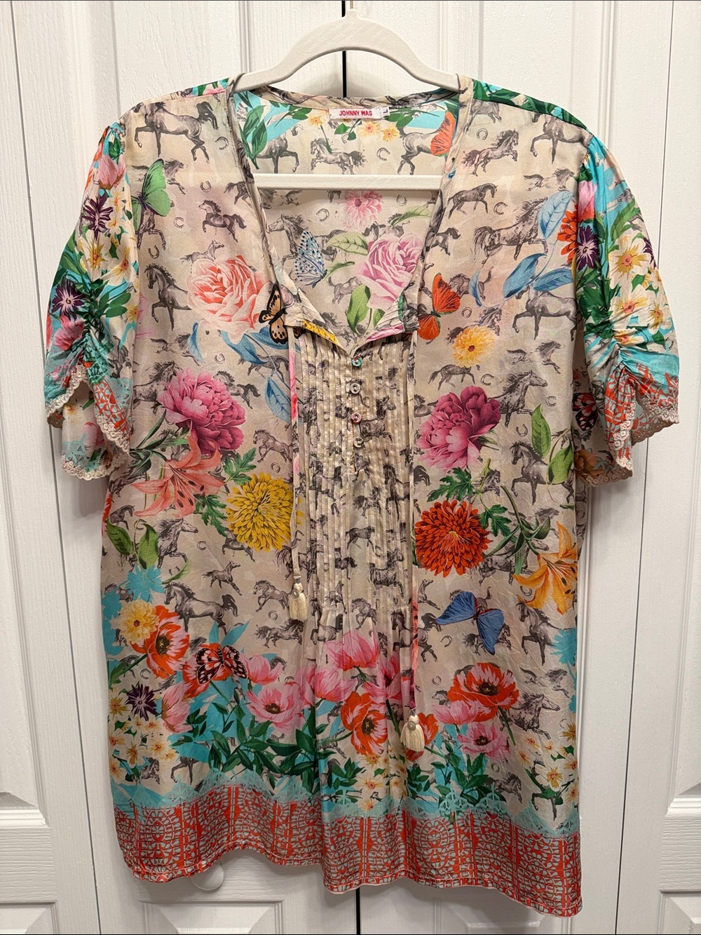 Johnny Was Silk Floral & Butterfly Tunic in Cream, Pink, Orange, Green, Blue